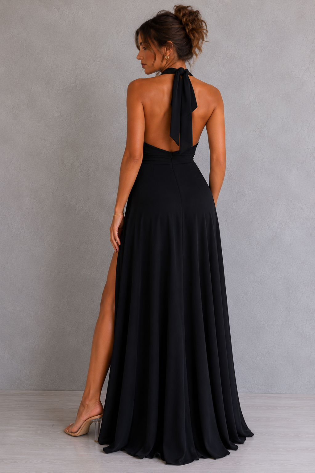 Black Veluné V-Neck Slit Long Dress