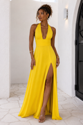 Yellow Veluné V-Neck Slit Long Dress