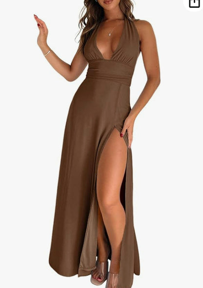 Brown Veluné V-Neck Slit Long Dress