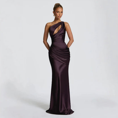 Plum Satin Asymmetric Evening Gown