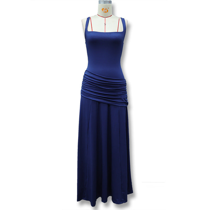 Dark Blue Elegant Sleeveless Flared Dress