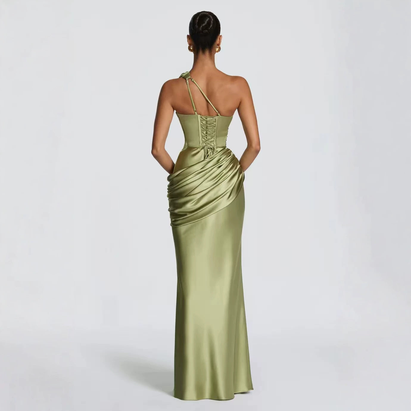 Olive Satin Asymmetric Evening Gown