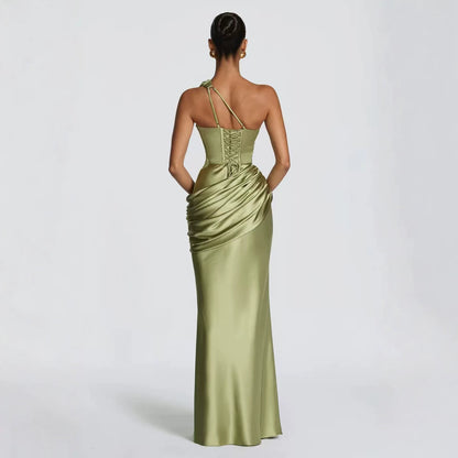 Olive Satin Asymmetric Evening Gown