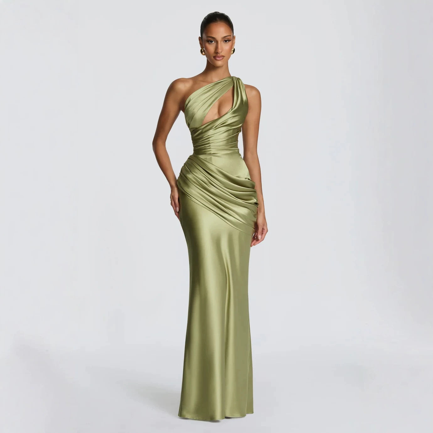 Olive Satin Asymmetric Evening Gown