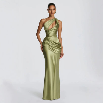 Olive Satin Asymmetric Evening Gown