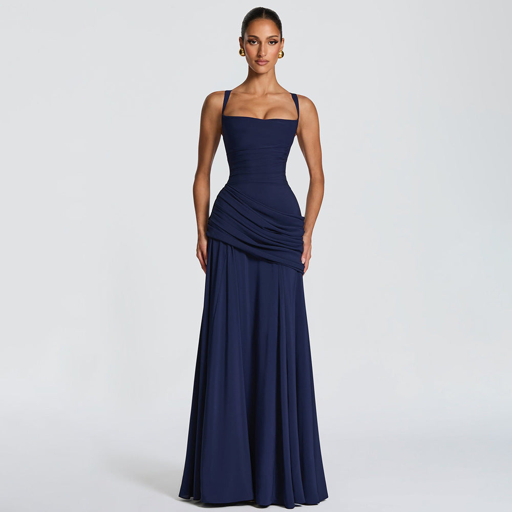 Dark Blue Elegant Sleeveless Flared Dress