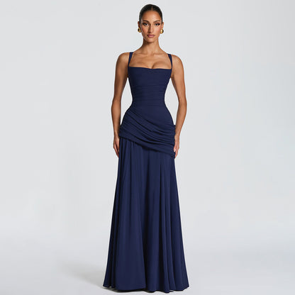 Dark Blue Elegant Sleeveless Flared Dress