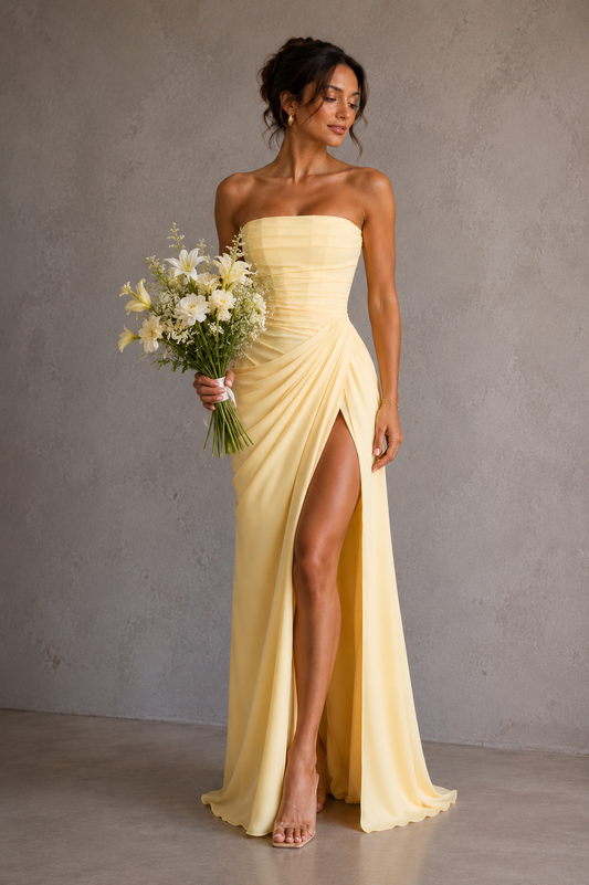 Light Yellow Off-shoulder ruffled slit dress