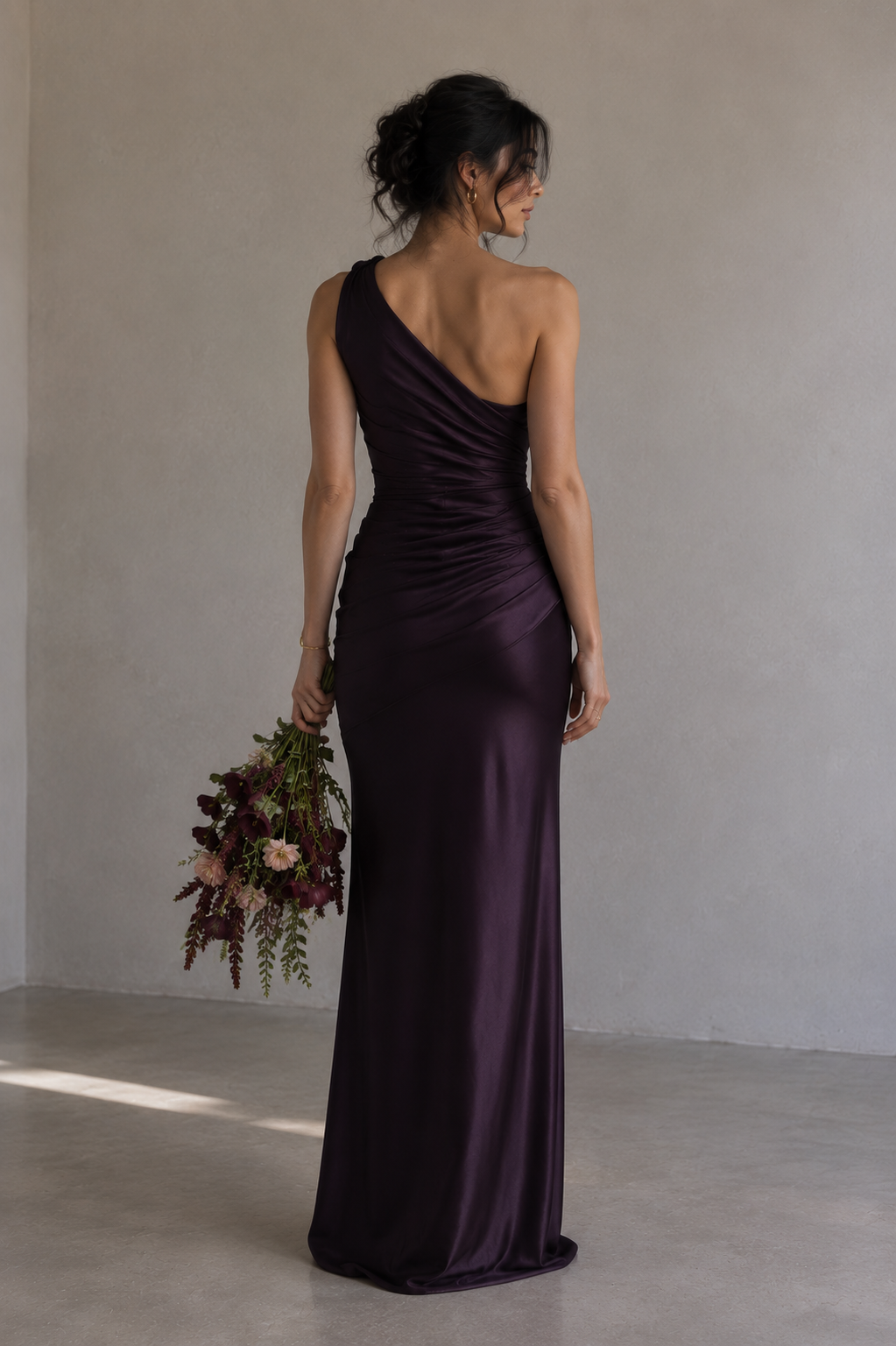 Plum Satin Asymmetric Evening Gown