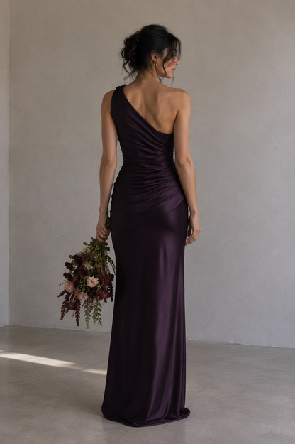 Plum Satin Asymmetric Evening Gown