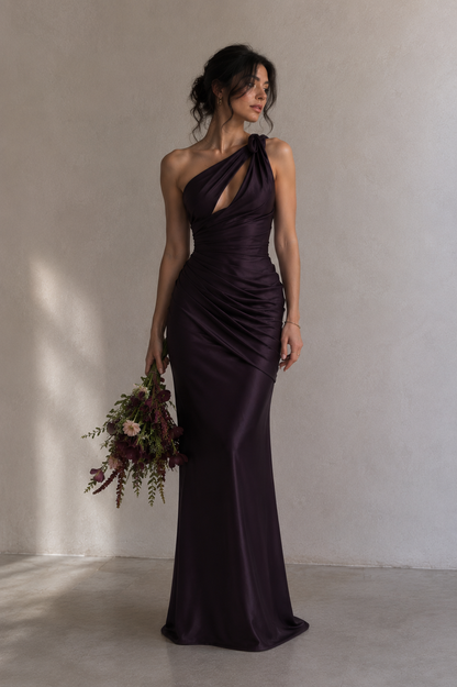 Plum Satin Asymmetric Evening Gown