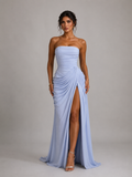 Light Blue Off-shoulder ruffled slit dress
