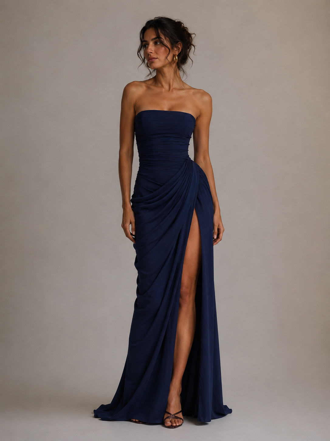 Dark Blue Off-shoulder ruffled slit dress