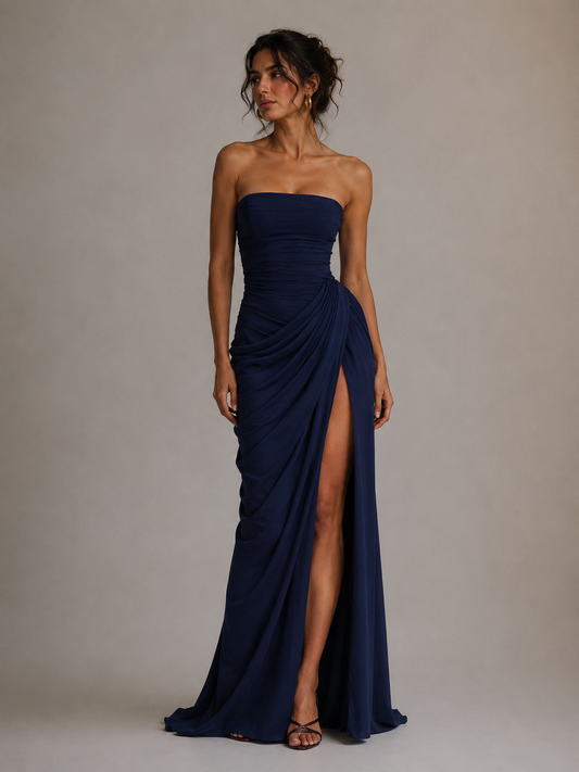 Dark Blue Off-shoulder ruffled slit dress