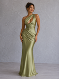 Olive Satin Asymmetric Evening Gown
