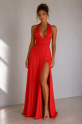 Red Veluné V-Neck Slit Long Dress