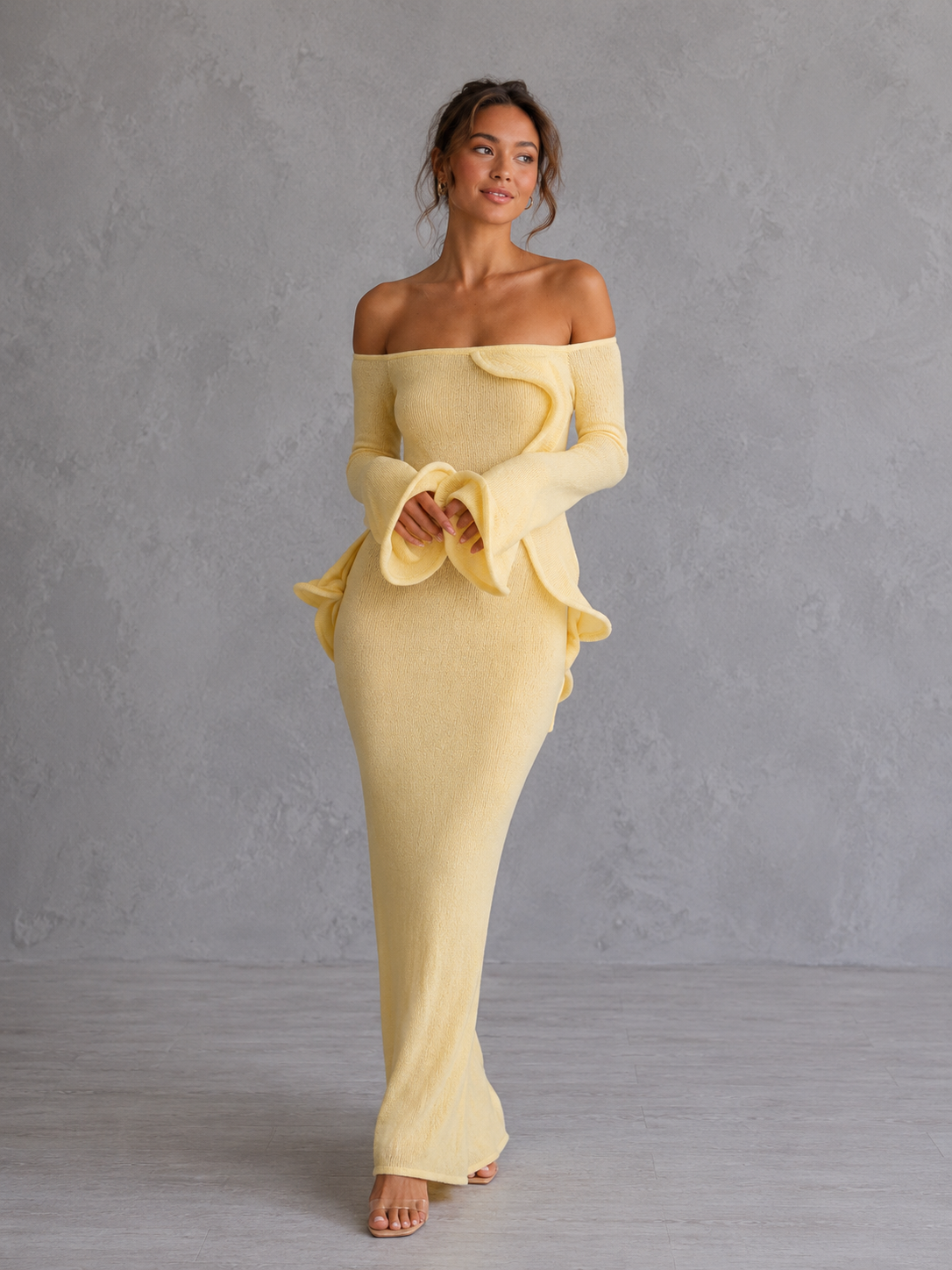 Womens Ruffle Long Sleeve Slim Dress